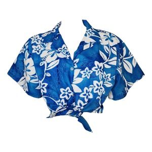 Hilo Hattie Shirt Womens Large Blue White Floral Hawaiian Crop Button Tie Front